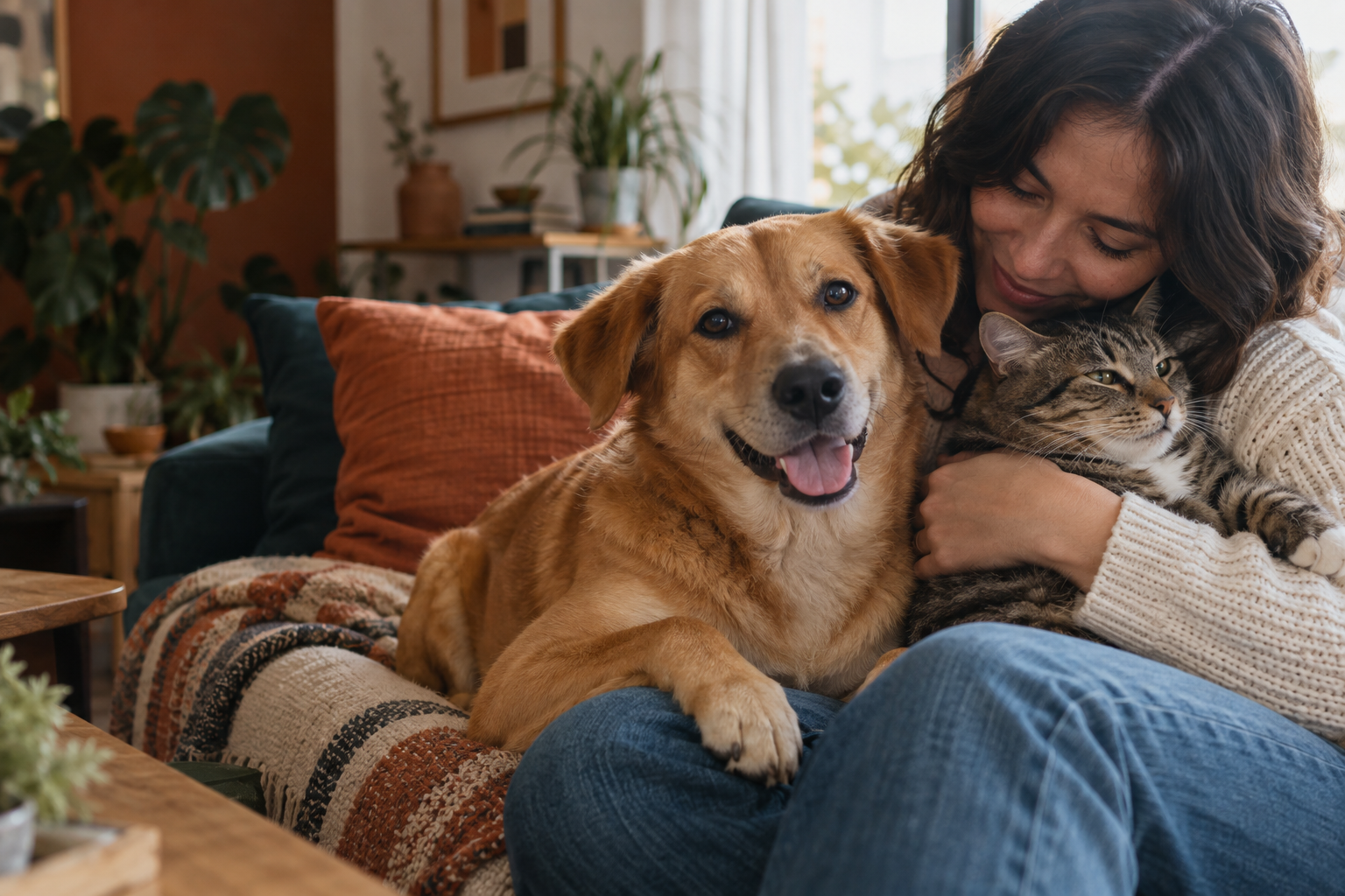 Una persona comparte un momento de cuidado con un perro y un gato